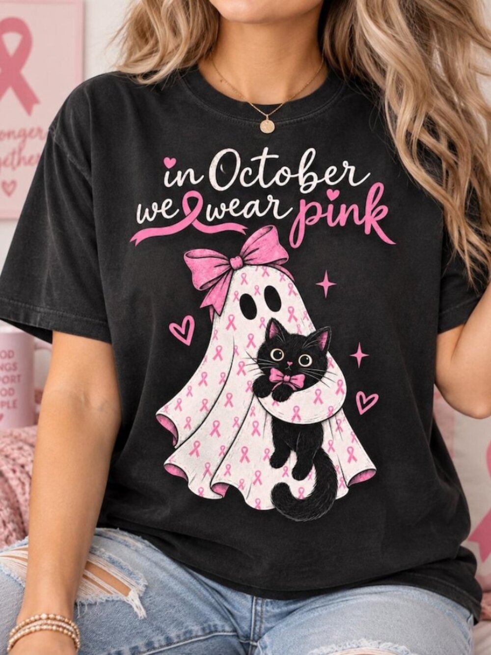 In October We Wear Pink Shirt, Breast Cancer Awareness Ghost Cat Tee